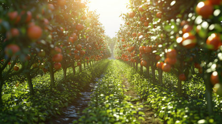 Rows of ripe red apples growing on a tree in an orchardの素材