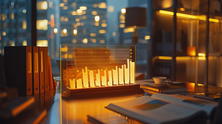 Close up of office workplace with financial graph on screen. 3d renderingの素材