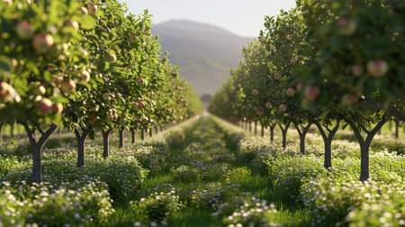 Rows of apple trees in an orchard in southern California.の素材