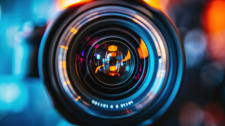 Close-up of a camera lens on a blurred background. Selective focus.の素材