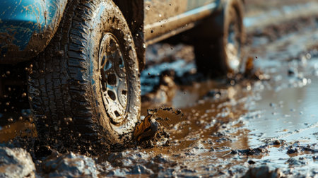 Off-road vehicle splashing mud on the road, close-upの素材