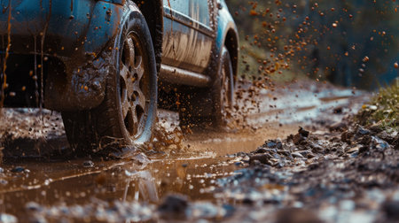 Off-road car on muddy road with mud splashes and splashesの素材
