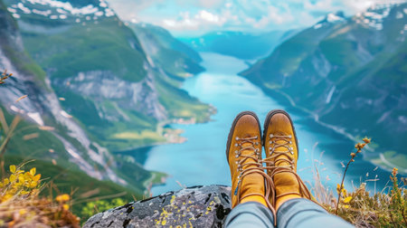 Selfie of female legs in yellow shoes on the background of the mountains and lakeの素材