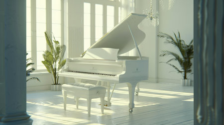 White grand piano in the interior of the room. 3d renderの素材