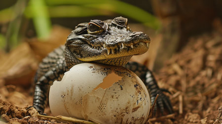 Crocodile in the nest with egg in the garden.の素材
