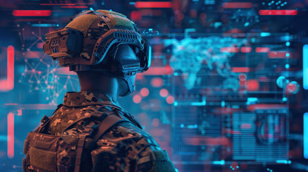 Portrait of a futuristic soldier in a military uniform. The concept of the future and technology.の素材