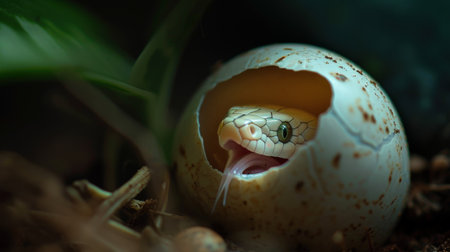 snake coming out of an egg shell, close-up shotの素材