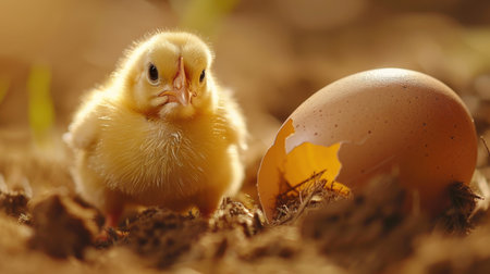chick and egg on the grass, easter background, soft focusの素材