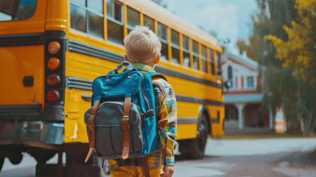 Back to school. A boy with a backpack stands near the school bus.の素材
