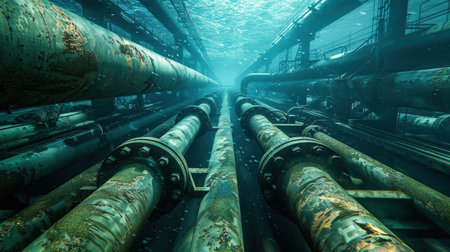 Underwater view of industrial pipes and valves in deep blue water.の素材