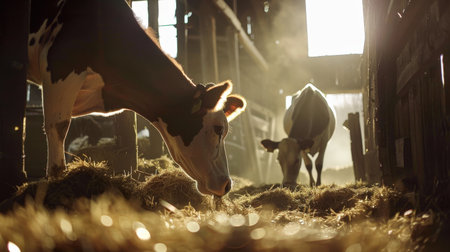 Cows in a barn at sunset. Dairy cows on the farm.の素材