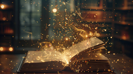 Open book with glowing letters flying out of pages. Education concept.の素材
