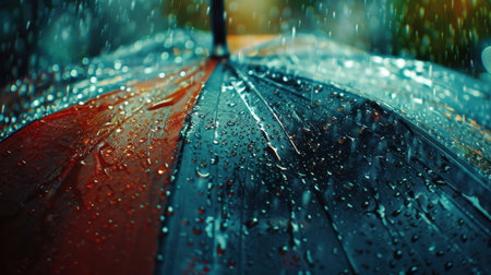 Rain drops on the umbrella in rainy day. Shallow depth of field.の素材
