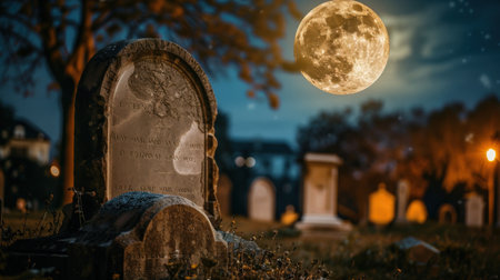 Gravestones in the cemetery at night with full moon. Halloween concept.の素材