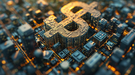 Futuristic bitcoin symbol on a circuit board. 3d illustrationの素材