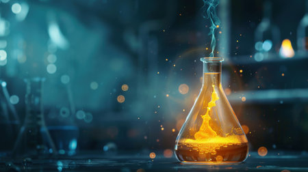 Laboratory glassware with smoke on dark background. 3d renderingの素材