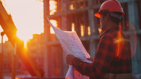 Architect or engineer working on construction site with blueprint at sunset.の素材