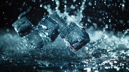 Ice cubes with splashes of water on a dark background. Freeze motion.の素材