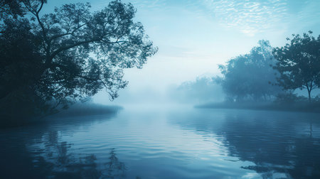 Morning fog over the river in the morning. 3D illustration.の素材
