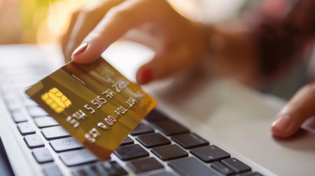 Closeup of female hands holding credit card and using laptop. Online shopping conceptの素材