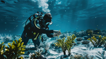 Scuba diver on the seabed and coral reef. Underwater photography.の素材