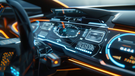 3d rendering of a modern car interior with dashboard and steering wheelの素材