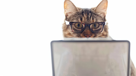 cat in glasses and a laptop on a white background. isolated.の素材