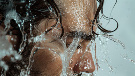 Close-up portrait of a young man in a shower with water.の素材