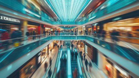 Interior of a modern shopping mall with motion blurred people in motionの素材