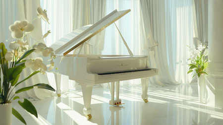White grand piano in the room with white curtains and orchidsの素材