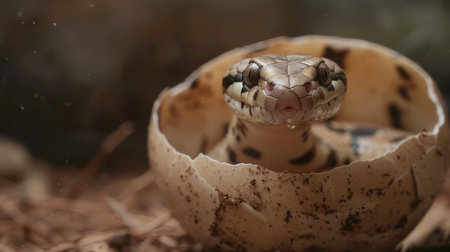snake in the shell of an egg on a natural background.の素材