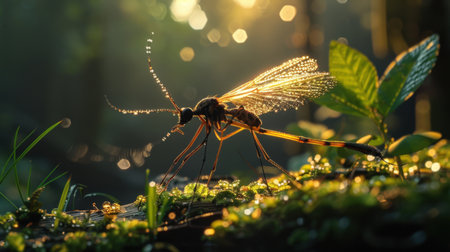 Dragonfly on green moss in the forest at sunset, Thailand.の素材