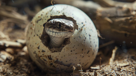 Close up of a snake emerging from an egg in the nest.の素材