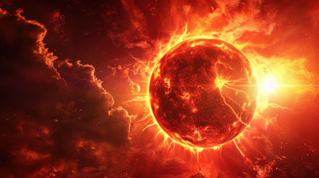 Fiery planet in space. 3D illustration. Elements of this image furnished by NASAの素材