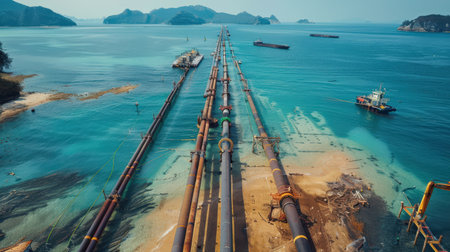Aerial view of cargo ship at sea port in Phuket, Thailandの素材