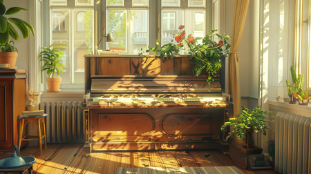 3D render of a piano in a living room with plants.の素材
