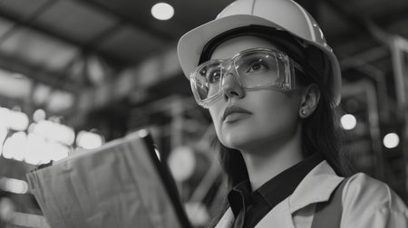 Young female industrial engineer or factory worker in safety glasses and hardhat holding a blueprintの素材
