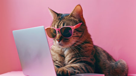 Cute cat wearing sunglasses and using laptop computer on pink background.の素材