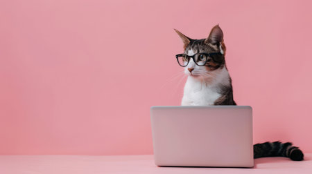 Cute cat with glasses and laptop on pink background, copy spaceの素材
