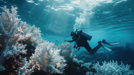 Scuba diver with scuba mask and fins on a coral reefの素材