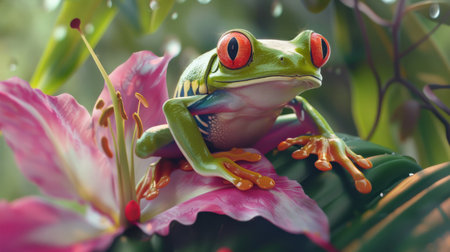Frog on a lily flower. Red eyed tree frog.の素材