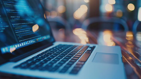 Closeup of a laptop on a street in the city. The concept of working at night.の素材