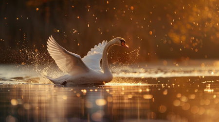 swan on blue lake water in sunny day, swans on pond, nature seriesの素材