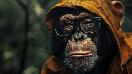 Portrait of a chimpanzee in a raincoat and glasses.の素材