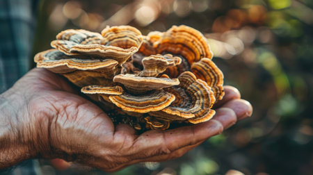 closeup of a man's hand holding a wild mushroom in the forestの素材