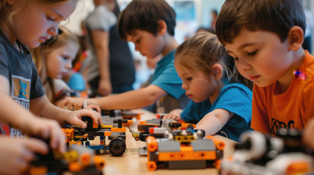 Group of children playing with toy cars in kindergarten or preschool. Boys and girls having fun together.の素材