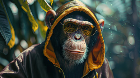 Chimpanzee monkey in a raincoat and yellow sunglasses, close-upの素材