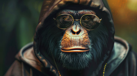 Chimpanzee in a raincoat with glasses and a hoodの素材