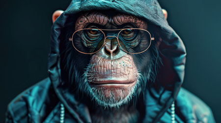 Chimpanzee in glasses and a hoodie on a dark backgroundの素材