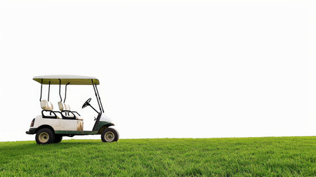 Golf cart on green grass isolated on white background with clipping pathの素材
